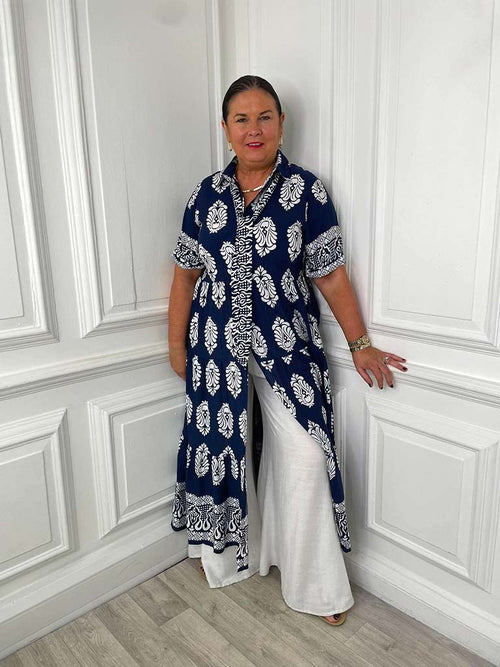 Paisley Print Tiered Maxi Dress - Navy & White