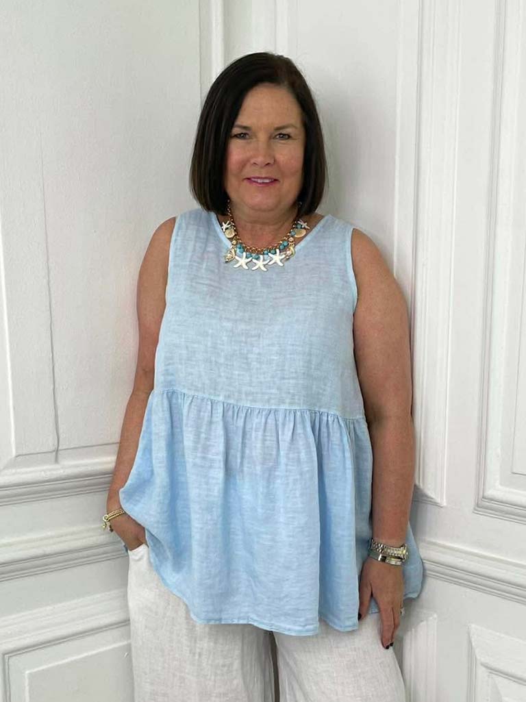 Linen Button Back Sleeveless Top - Sky