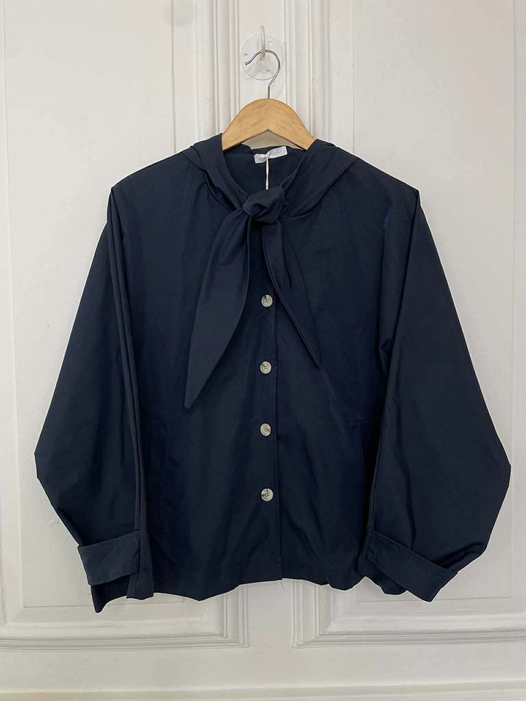 Hooded Tie Neck Jacket - Navy