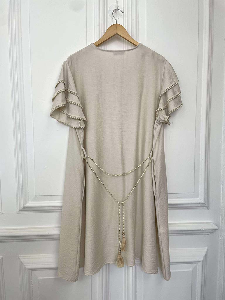 Crochet Frill Sleeve Dress - Ecru