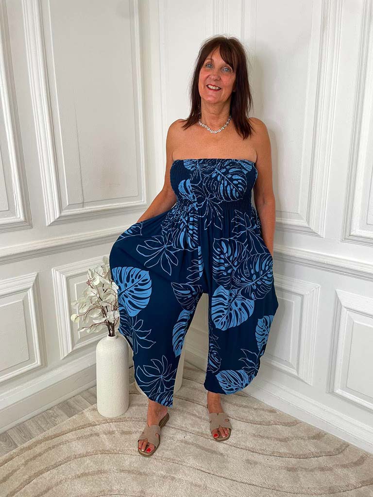 Tropical Leaf Jumpsuit - Navy