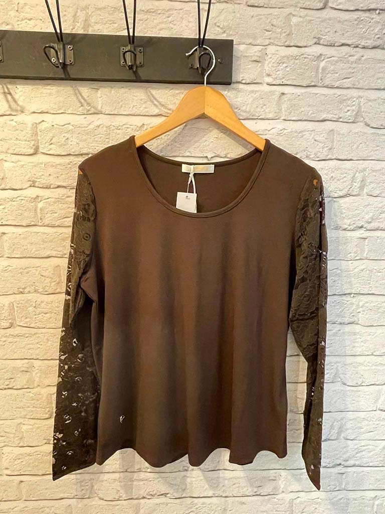 Malissa J Lace Sequin Sleeve Top - Chocolate