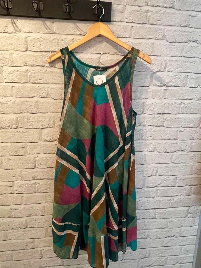 Abstract Print A-Line Dress - Teal & Magenta