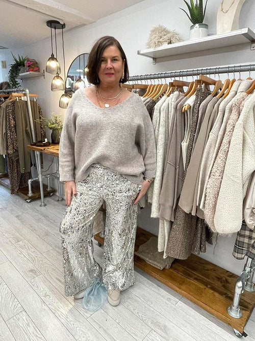 Gilded Sequin Wide Leg Trousers - Champagne