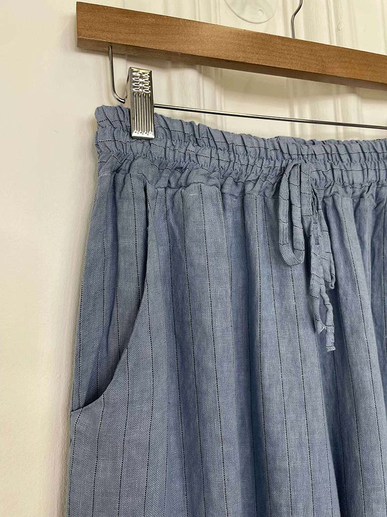 Linen Pinstripe Wide Leg Trousers - Denim