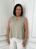 Beige linen sleeveless button-back top styled for relaxed womens fashion and everyday wear. - Linen Button Back Top - Calico