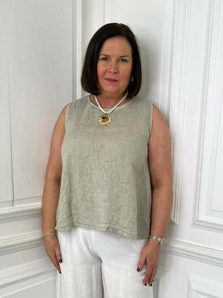 Beige linen sleeveless button-back top styled for relaxed womens fashion and everyday wear. - Linen Button Back Top - Calico