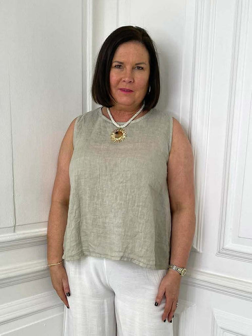 Beige linen sleeveless button-back top styled for relaxed womens fashion and everyday wear. - Linen Button Back Top - Calico