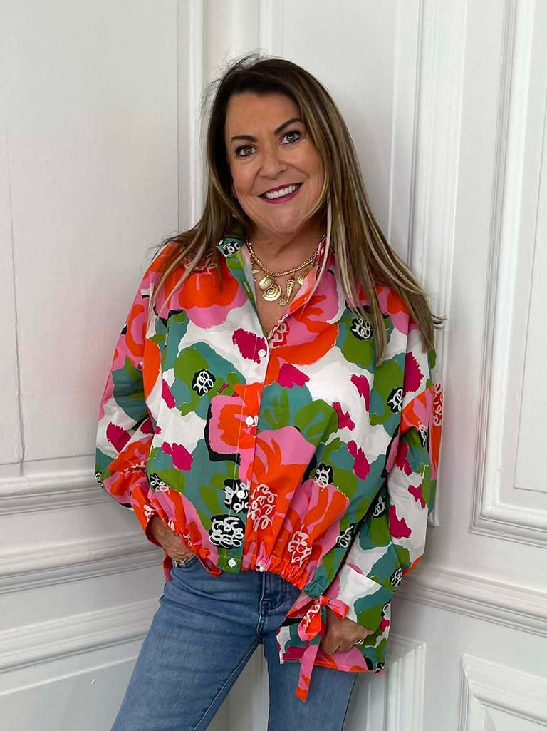 Malissa J Tropical Flower Drawstring Hem Shirt