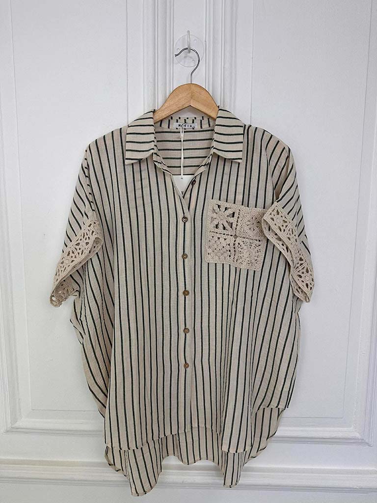 Stripe & Crochet Detail Shirt - Black