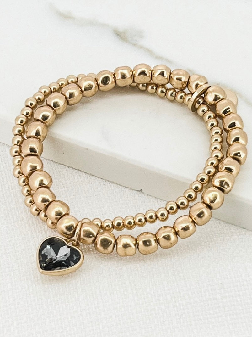 Envy Heart Charm Beaded Bracelet - Gold & Slate