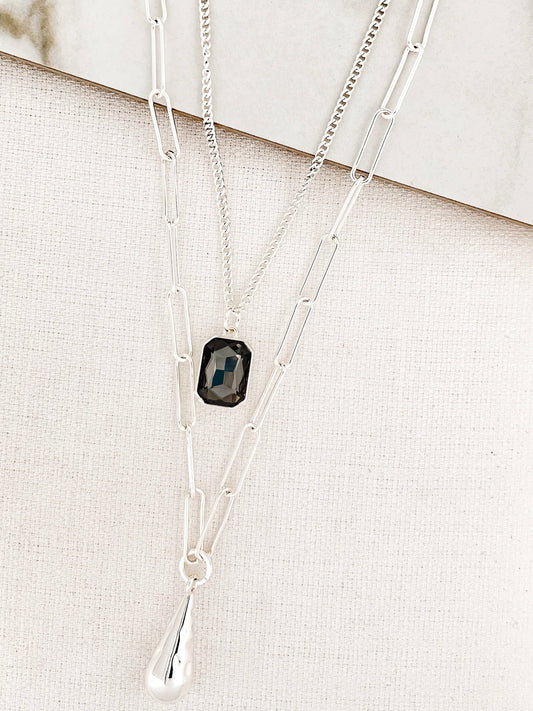 Envy Double Chain Teardrop Gem Necklace - Silver