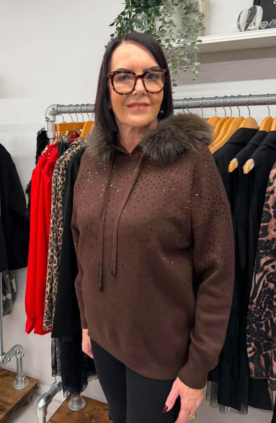 Malissa J Embellished Faux Fur Hoodie - Chocolate
