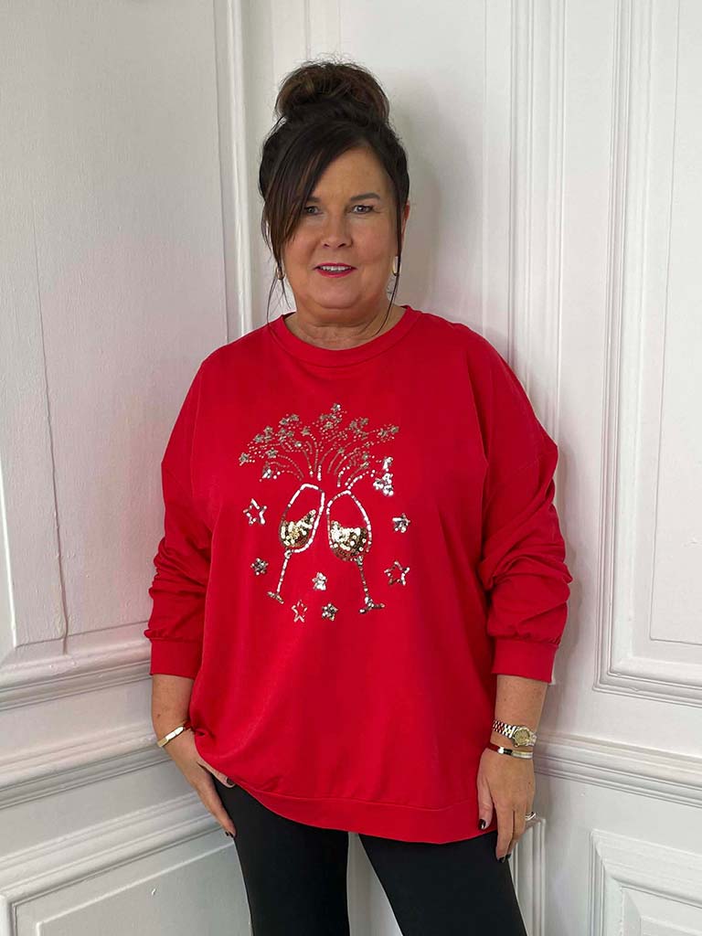 Sequin Champagne Jersey Top - Red