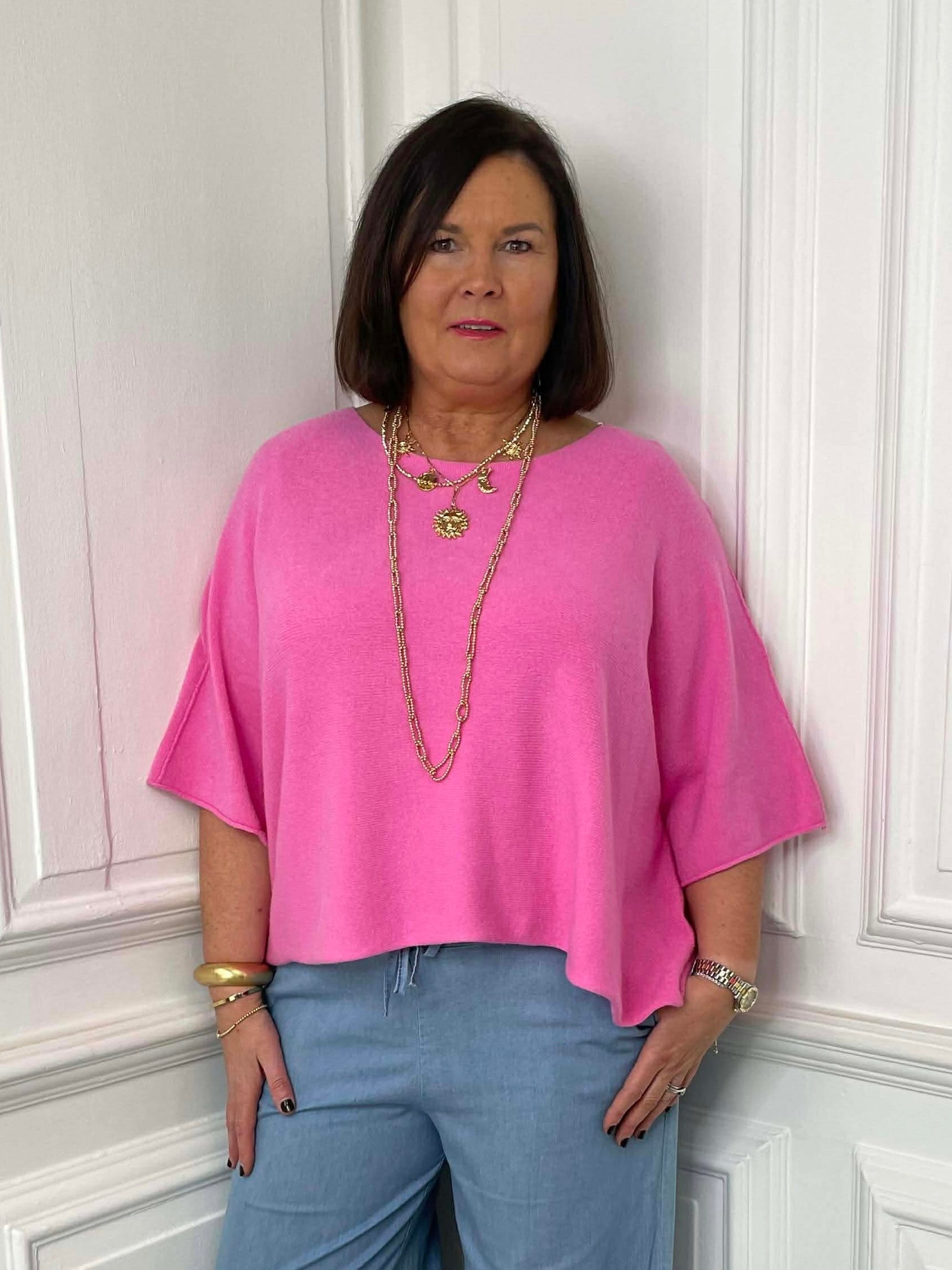 Raw Edge Boxy Knit - Hot Pink