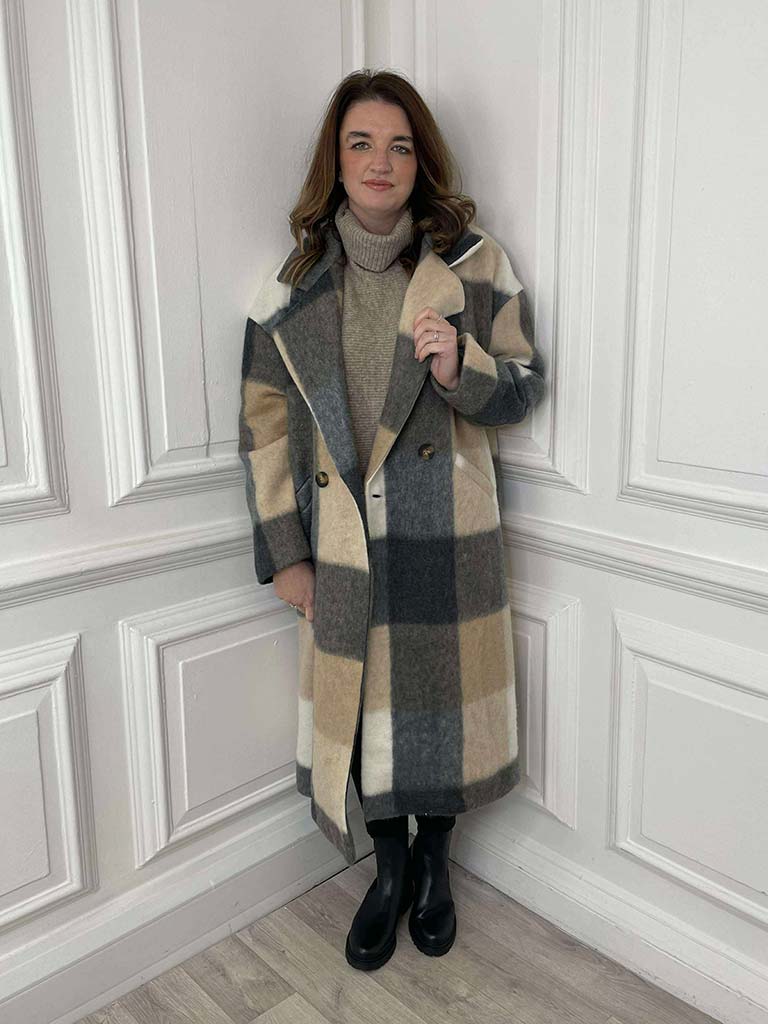 Check Wool Mix Coat - Stone