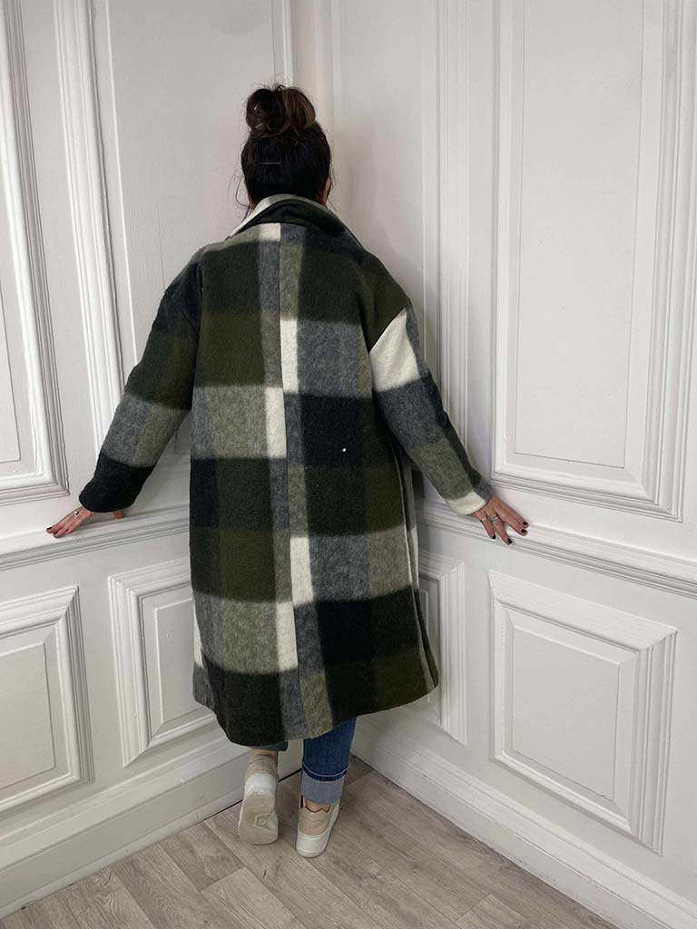 Check Wool Mix Coat - Khaki