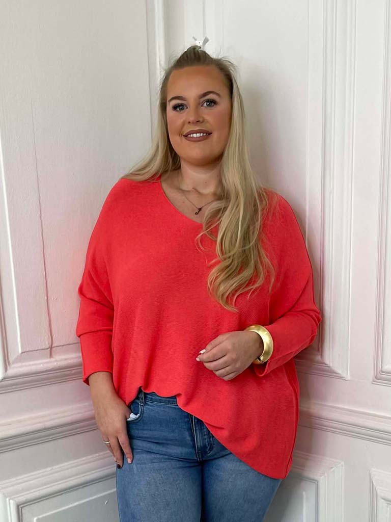 V-Neck Raw Edge Knit - Coral