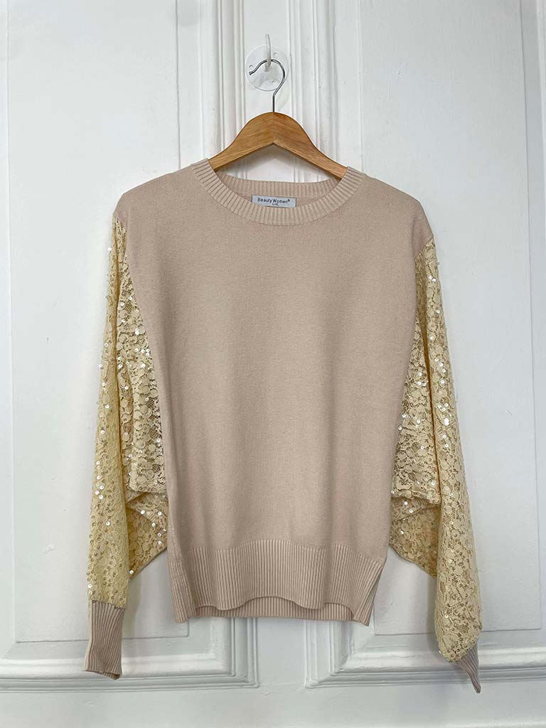 Sequin Lace Sleeve Knit - Biscuit
