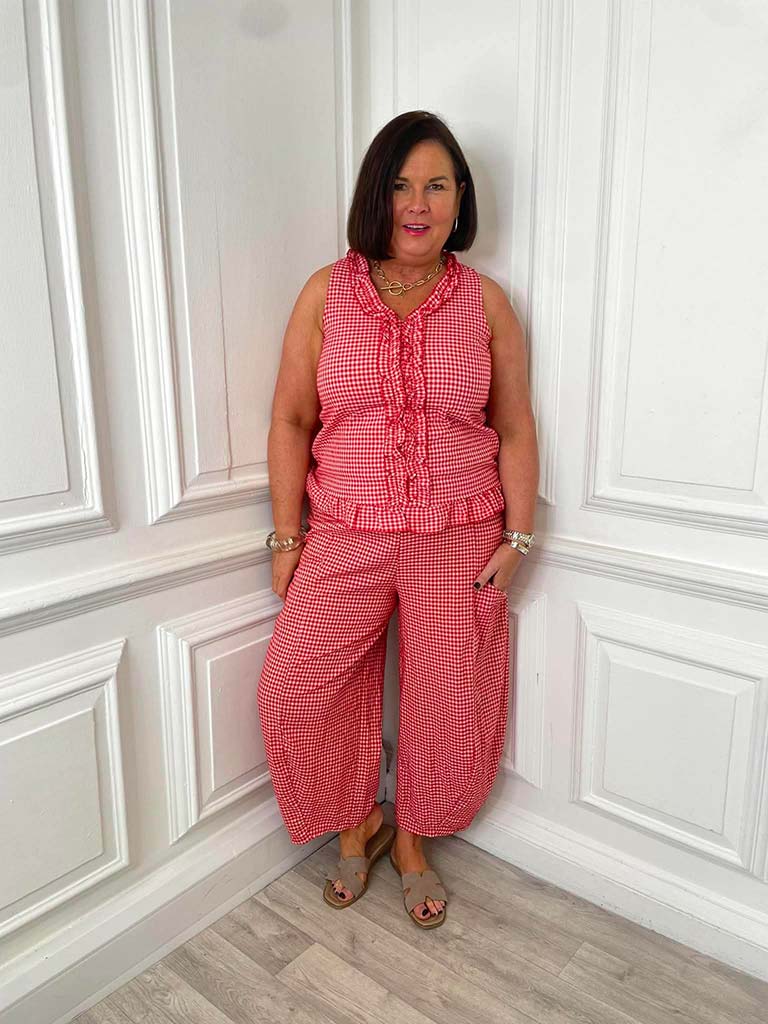 Cottage Check Ruffle Top - Cherry