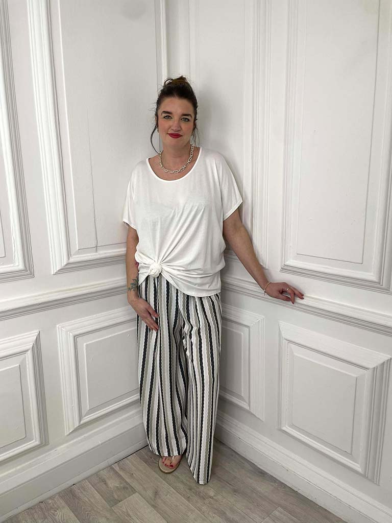 Textured Stripe Wide Leg Trousers - Natural