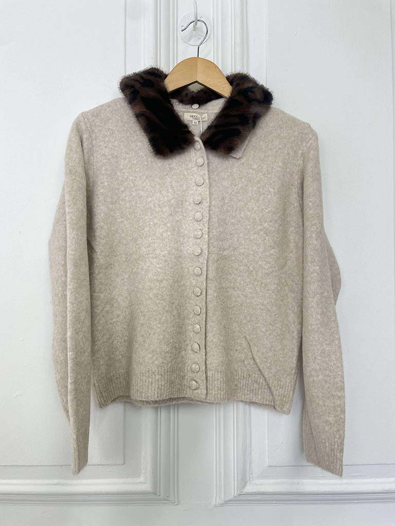Faux Fur Collar Cardigan - Stone