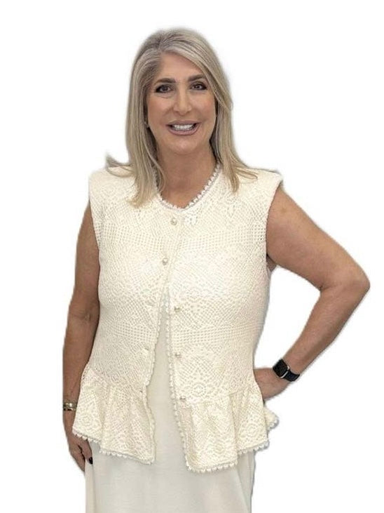 Malissa J Crochet Waistcoat Top - Stone