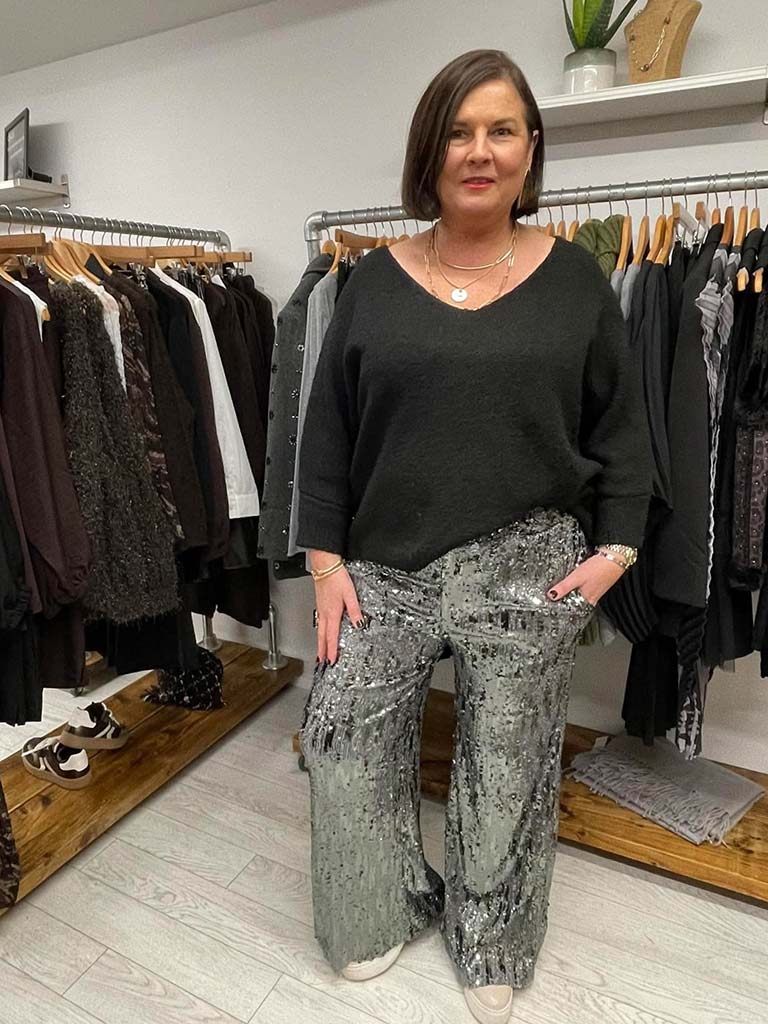 Gilded Sequin Wide Leg Trousers - Pewter