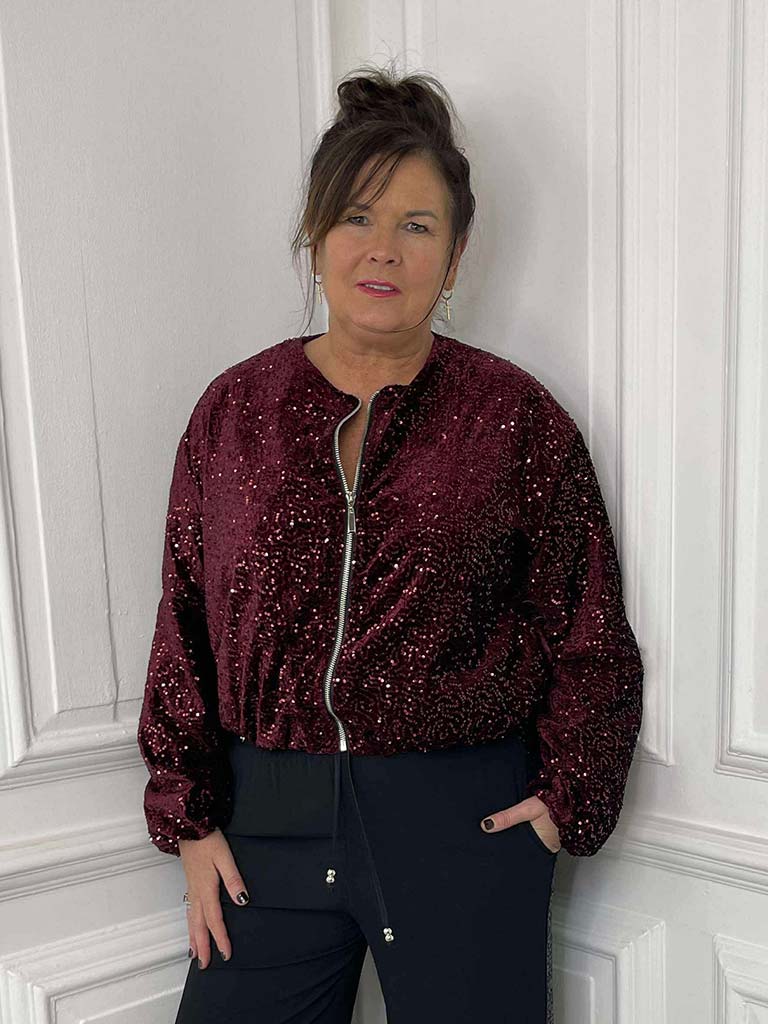 Sequin Bomber Jacket - Burgundy