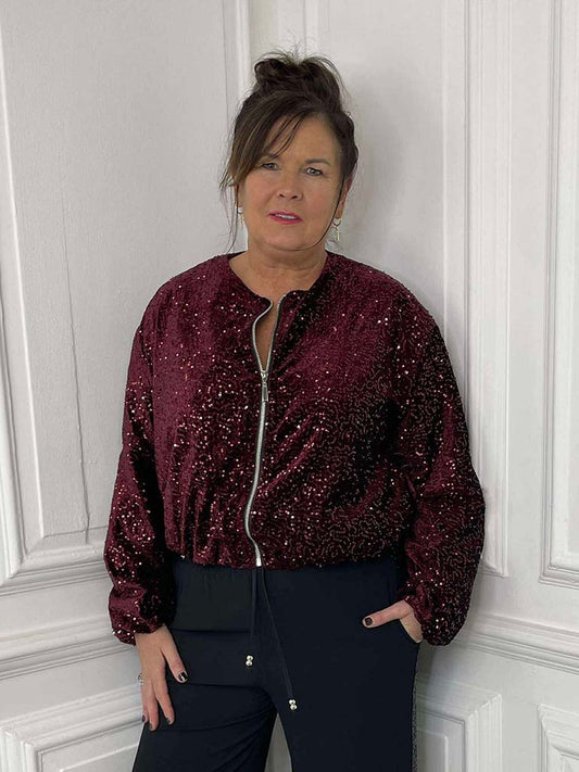 Sequin Bomber Jacket - Burgundy