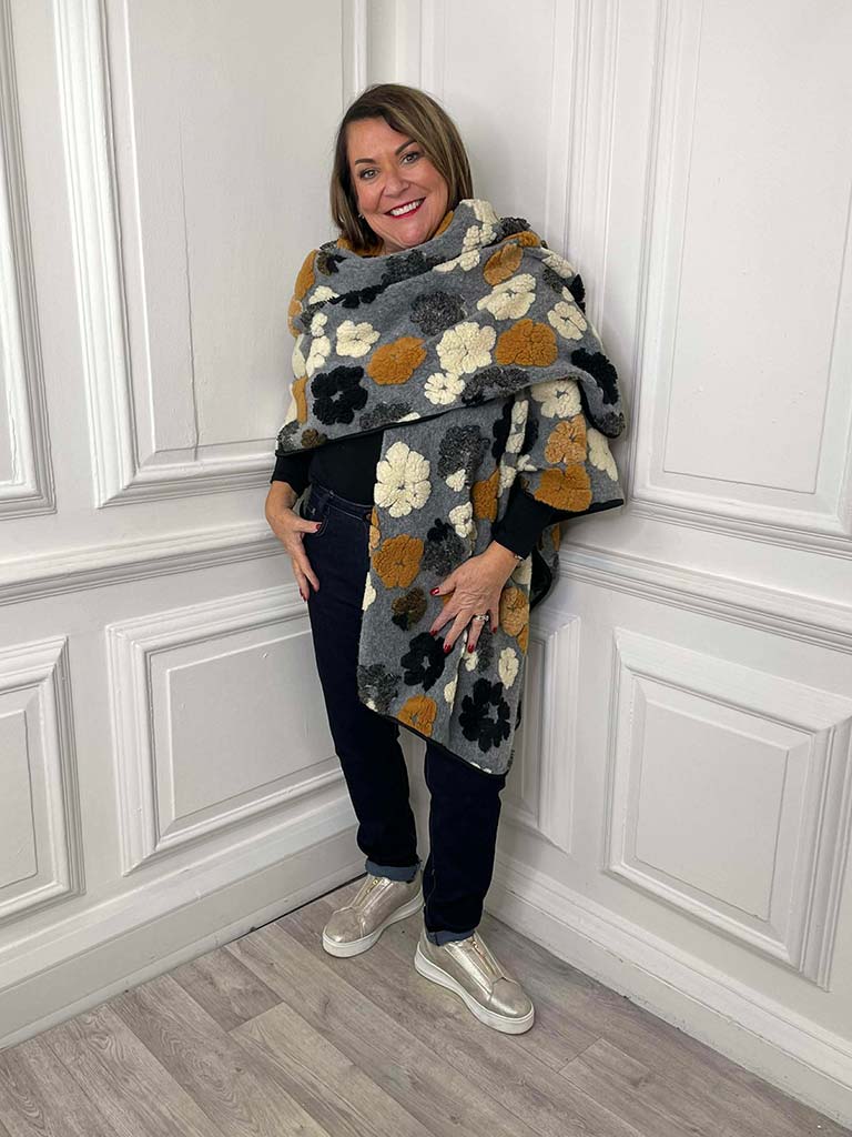 Malissa J Polar Fleece Flower Wrap - Grey & Tan