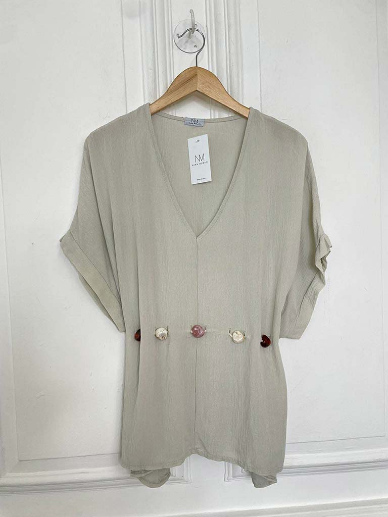 V-Neck Stone Drawstring Top - Stone