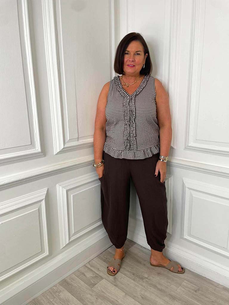 Cottage Check Ruffle Top - Chocolate