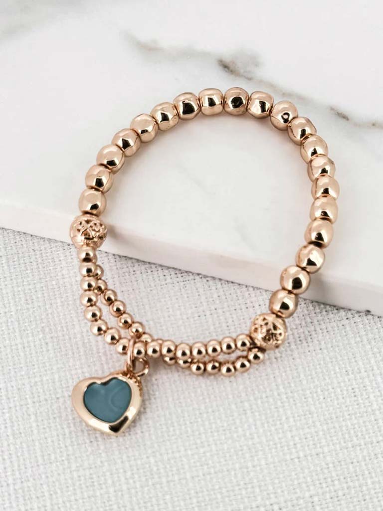 Envy Heart Charm Beaded Bracelet - Gold & Aqua