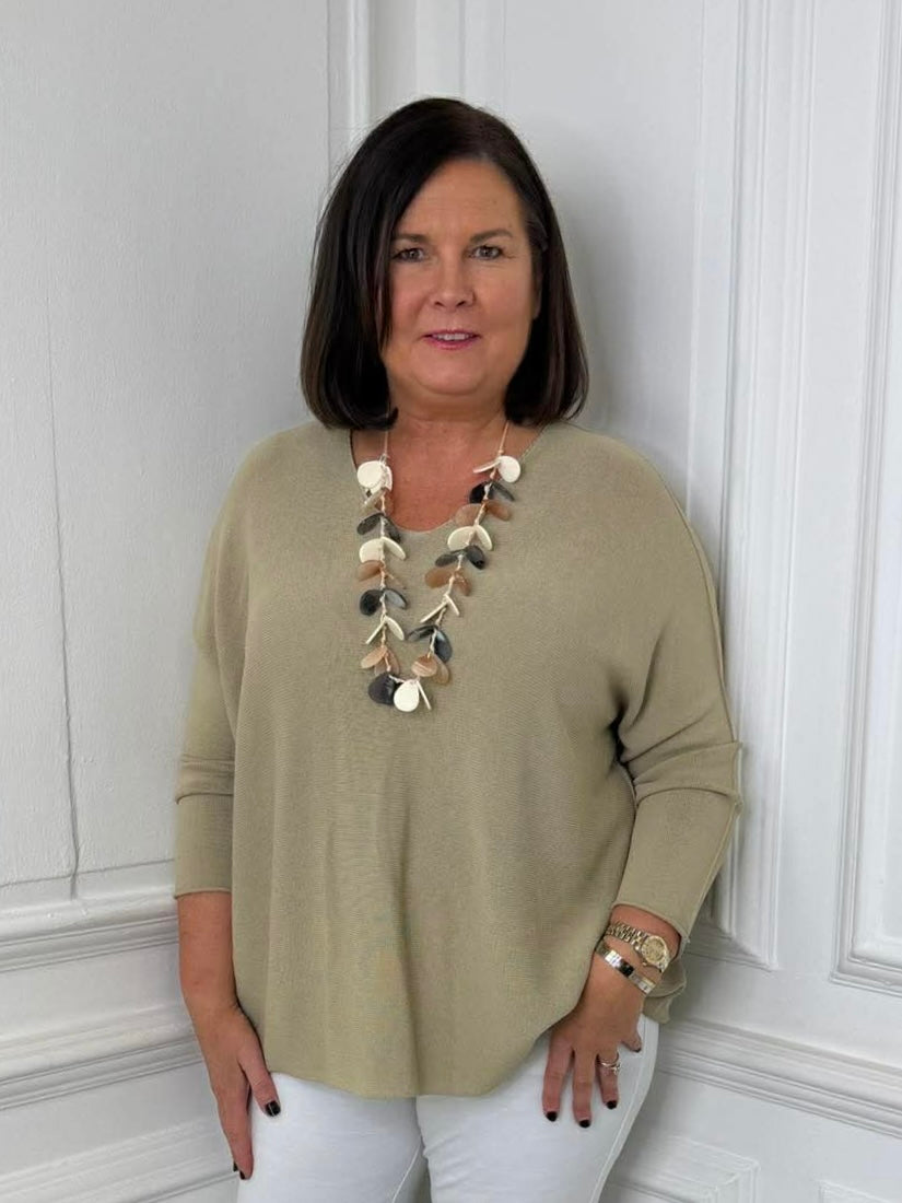 V-Neck Raw Edge Knit - Hessian