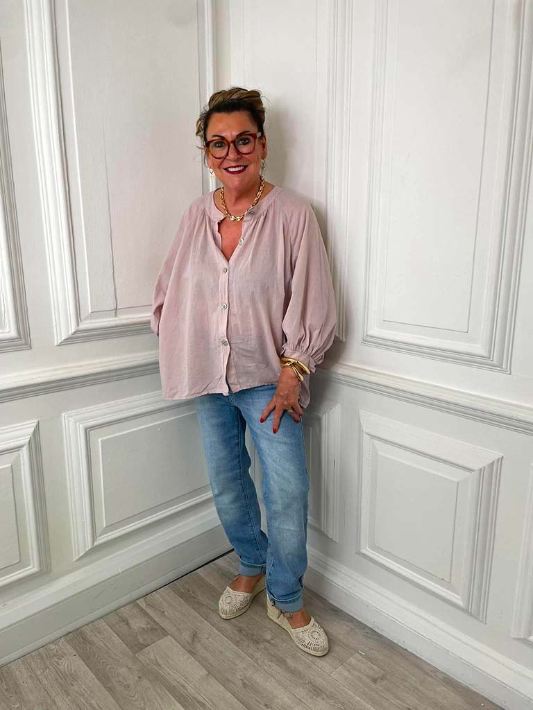 Grandad Collar Cotton Shirt - Blush