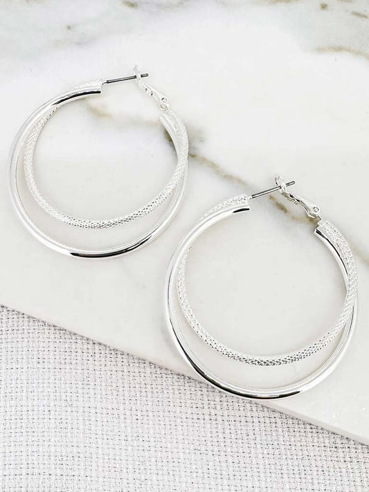 Envy Double Textured Hoop Earrings - Silver