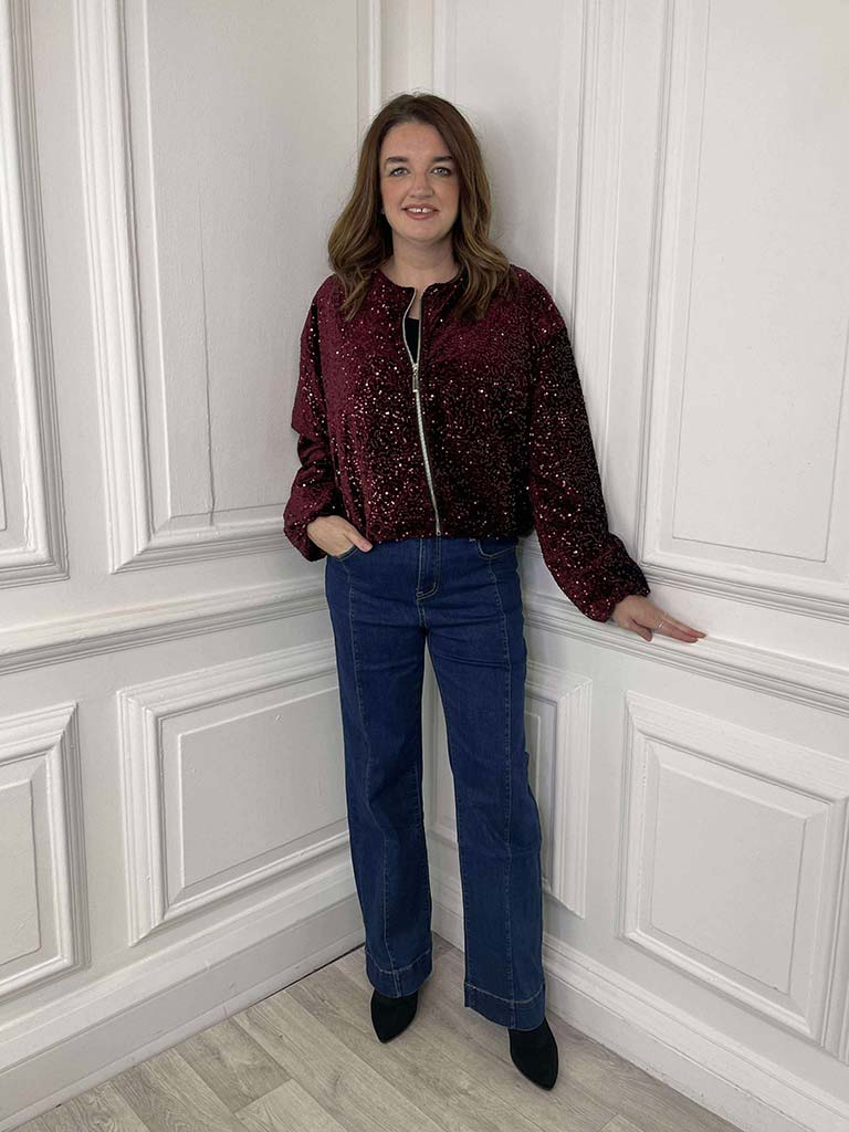 Sequin Bomber Jacket - Burgundy