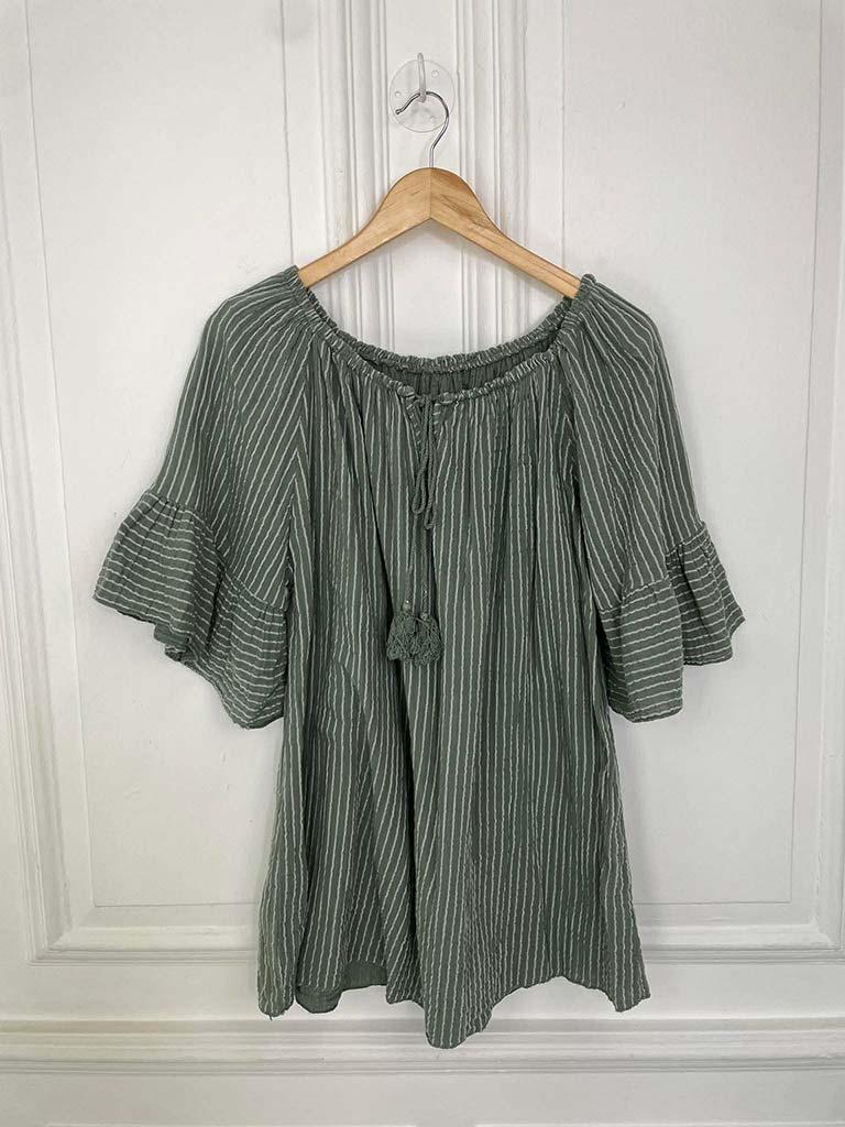 Seersucker Stripe Bardot Top - Khaki