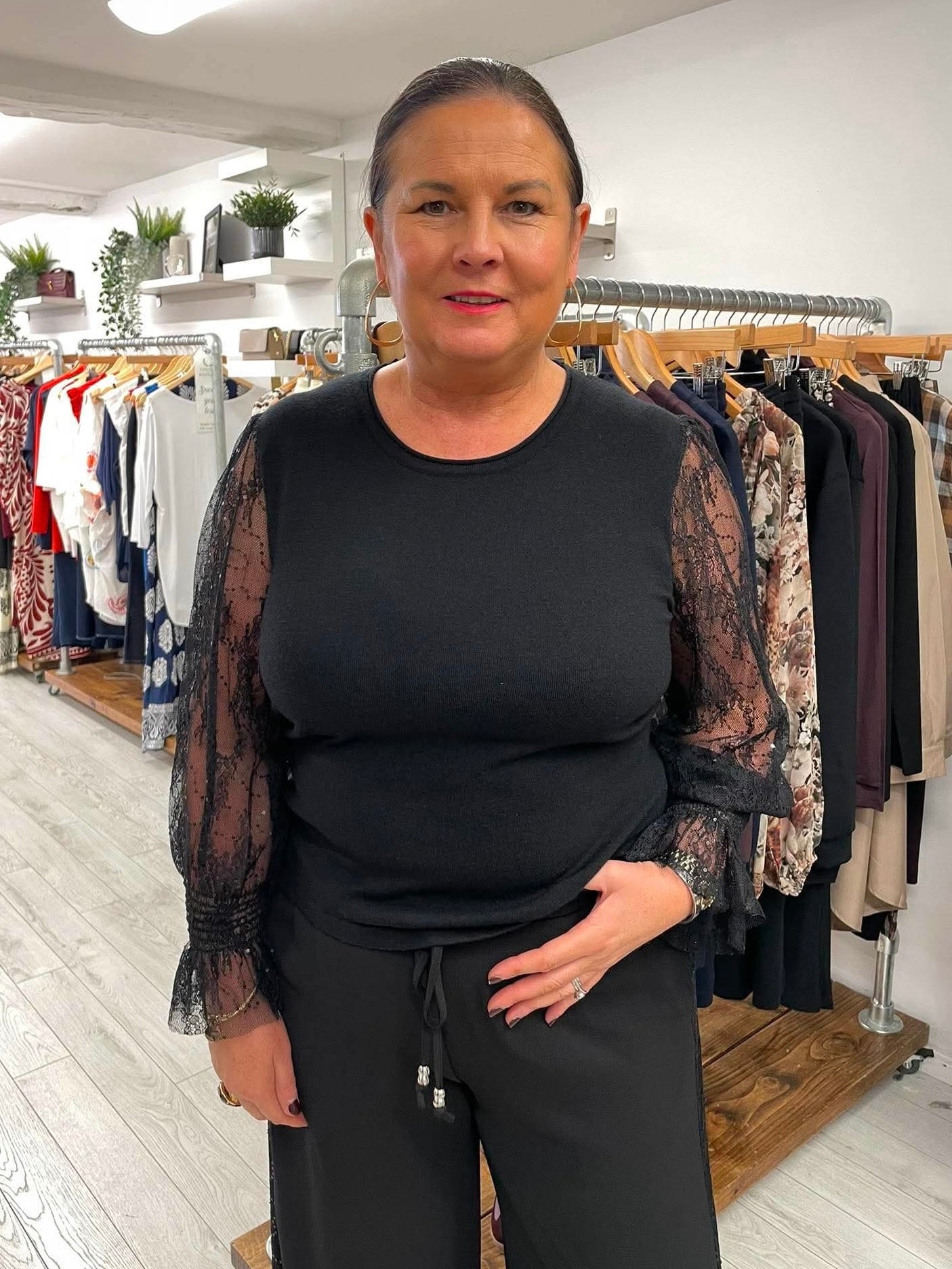 Malissa J Lace & Sequin Sleeve Knit - Black