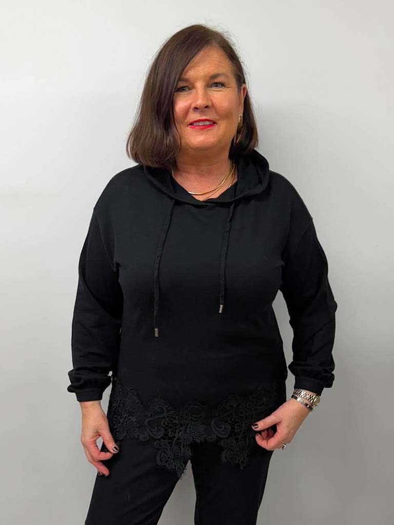 Malissa J Lace Hem Knit Hoodie - Black