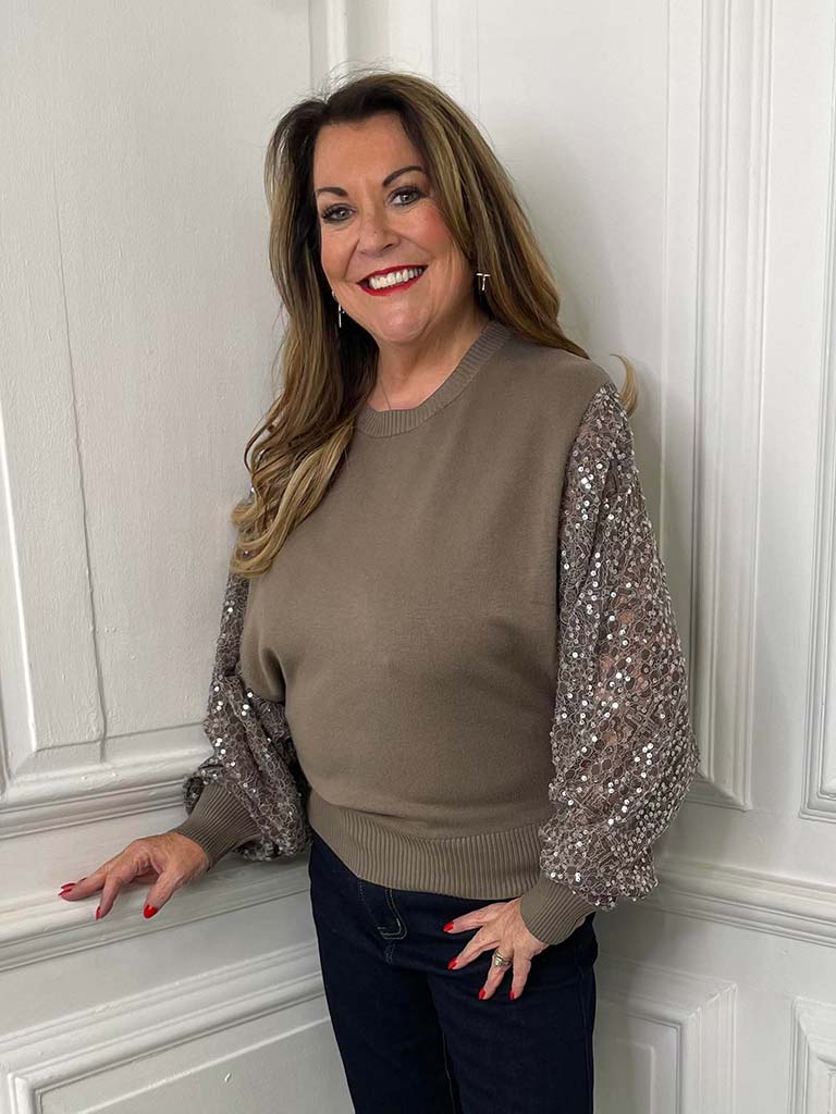 Sequin Lace Sleeve Knit - Taupe