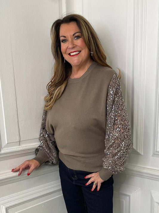Sequin Lace Sleeve Knit - Taupe
