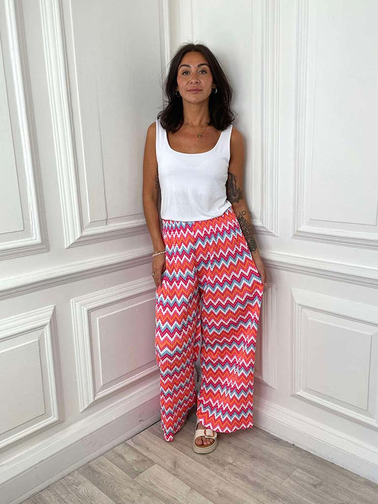 Zigzag Print Plissé Palazzos - Mandarin Sugar