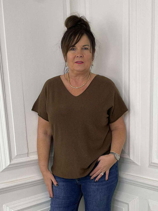 V-Neck Knit Top - Chocolate