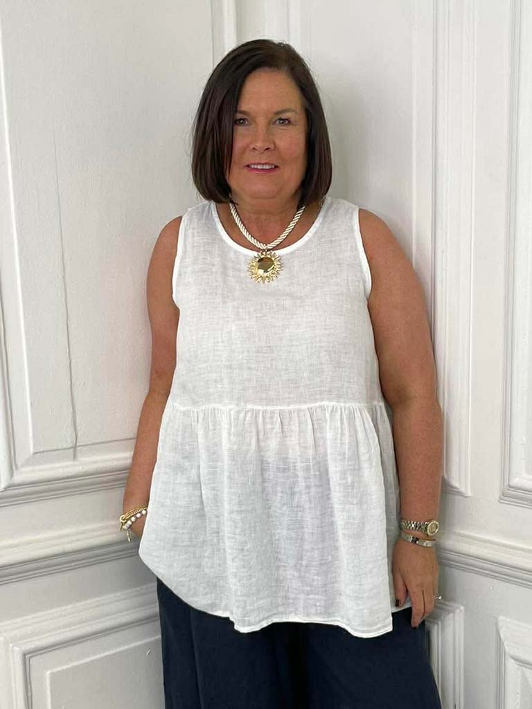 Linen Button Back Sleeveless Top - White