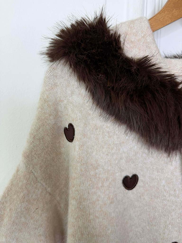 Heart Faux Fur Hooded Knit - Stone