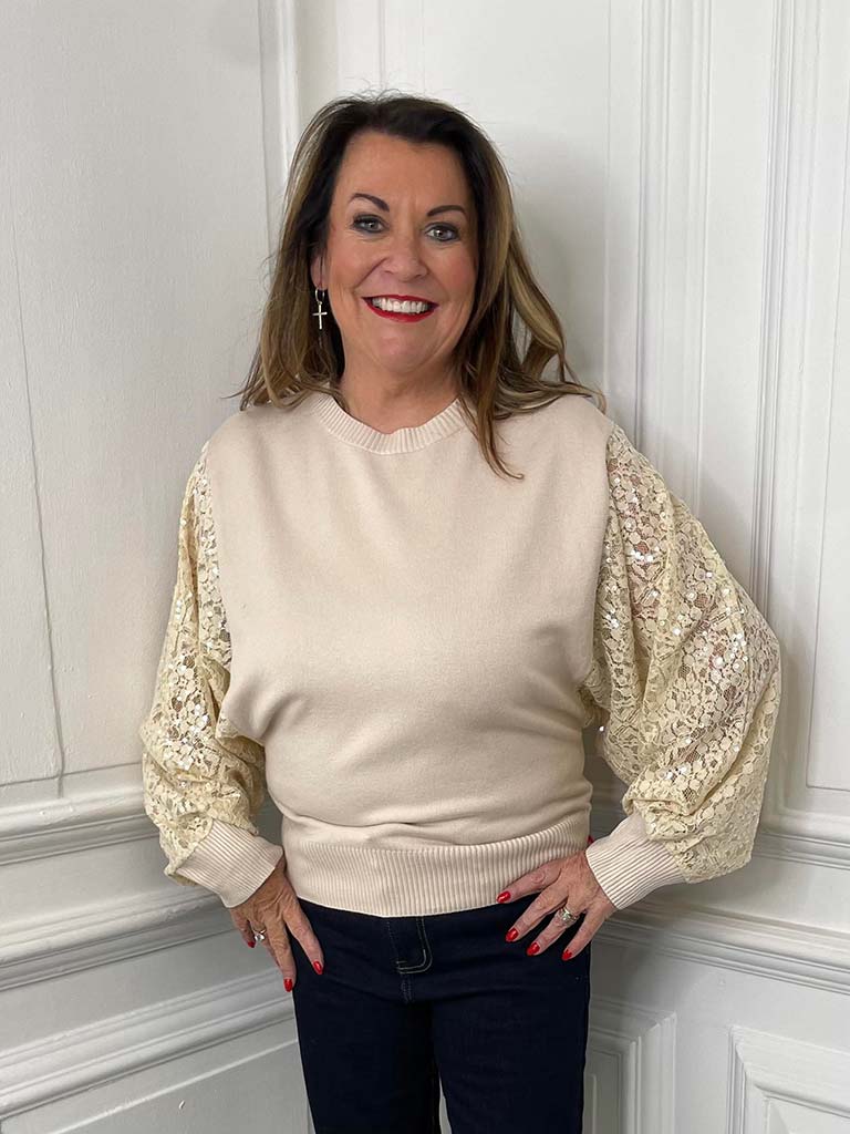 Sequin Lace Sleeve Knit - Biscuit