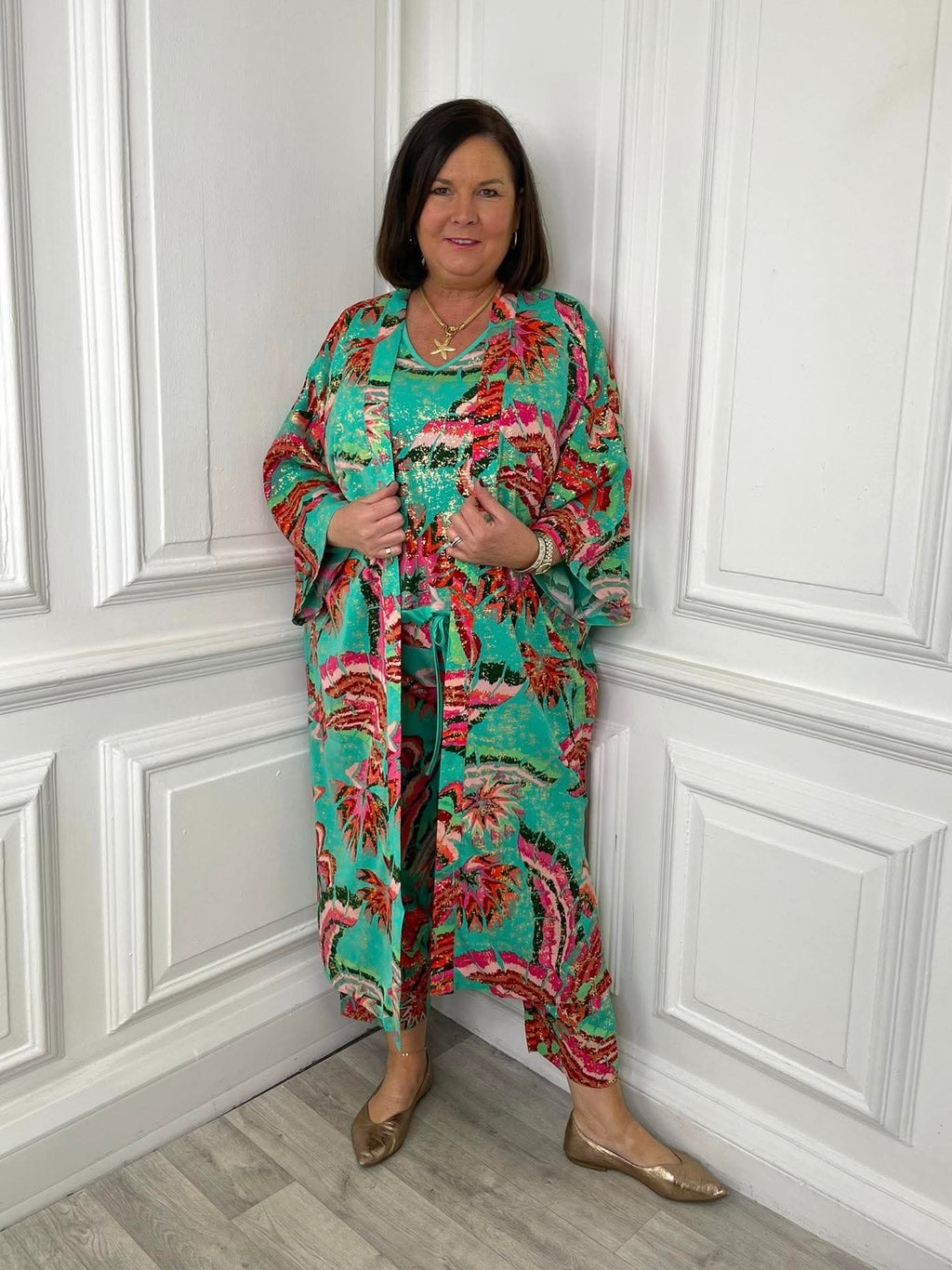 Womens fashion jade green long kimono with bold floral print and relaxed styling for everyday wear and modern outfit. - Malissa J Rio Long Kimono - Jade
