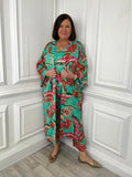 Womens fashion jade green long kimono with bold floral print and relaxed styling for everyday wear and modern outfit. - Malissa J Rio Long Kimono - Jade